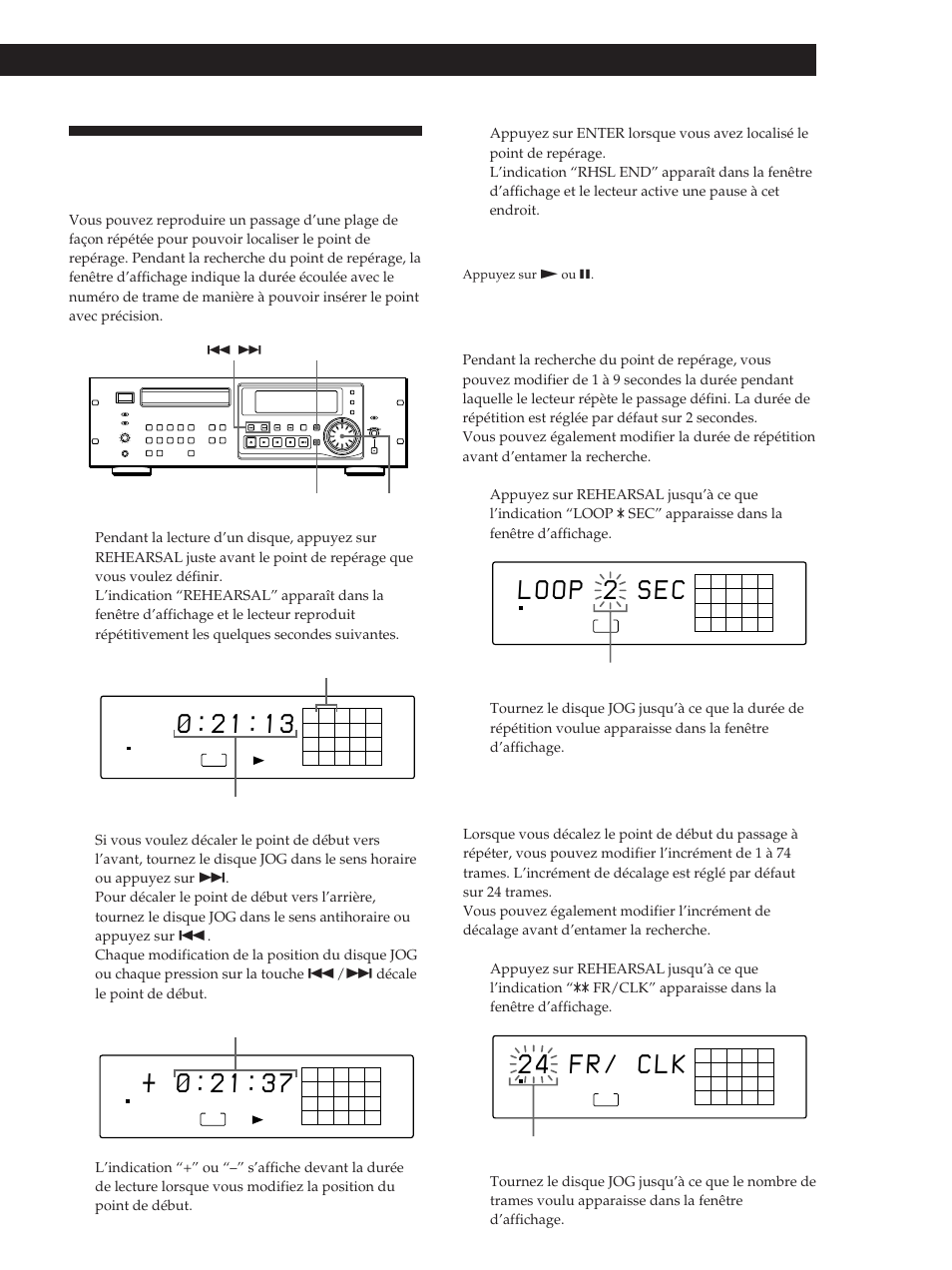 2 4 f r / c l k, Lecture de disques compacts, Modification de la durée de répétition | Modification de l’incrément de décalage | Sony CDP-D500 User Manual | Page 35 / 68