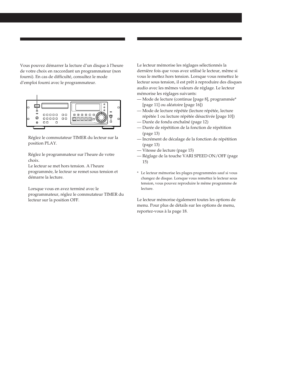 Lecture à l’aide d’un programmateur, Mémoire du dernier mode sélectionné | Sony CDP-D500 User Manual | Page 39 / 68