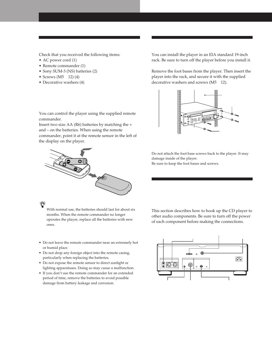 Unpacking, Rack mounting, Hooking up the system | Getting started, Inserting batteries into the remote commander, Overview | Sony CDP-D500 User Manual | Page 4 / 68