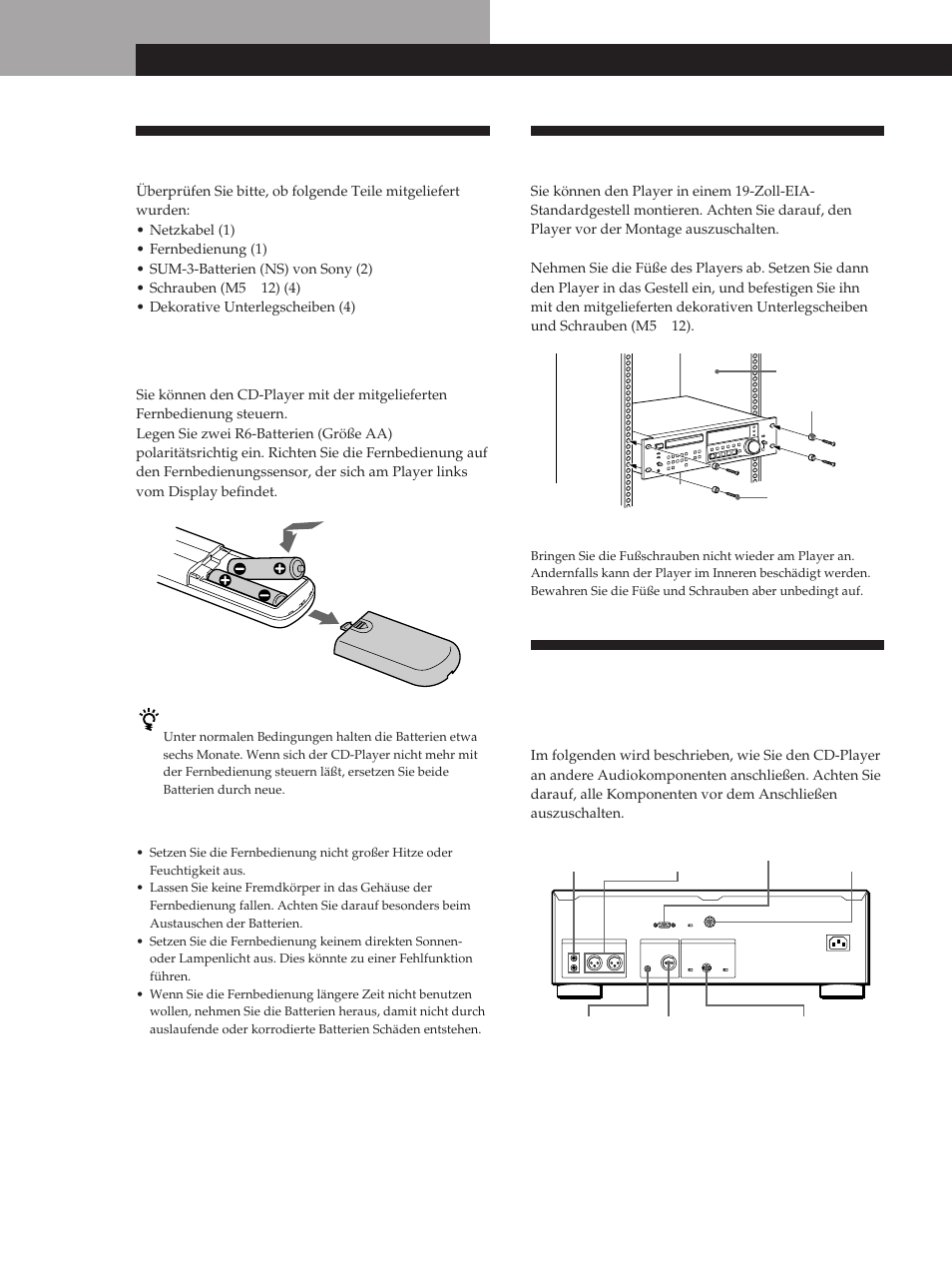 Auspacken, Gestellmontage, Anschließen des systems | Vorbereitungen, Einlegen von batterien in die fernbedienung, Übersicht | Sony CDP-D500 User Manual | Page 48 / 68