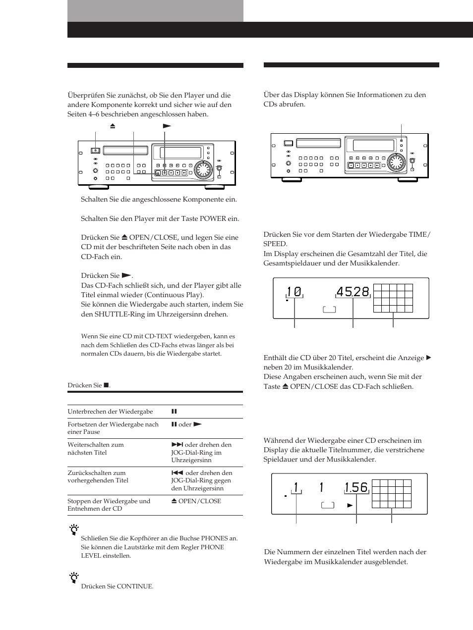 Das display, Grundlegende funktionen, Wiedergeben von cds | Sony CDP-D500 User Manual | Page 52 / 68