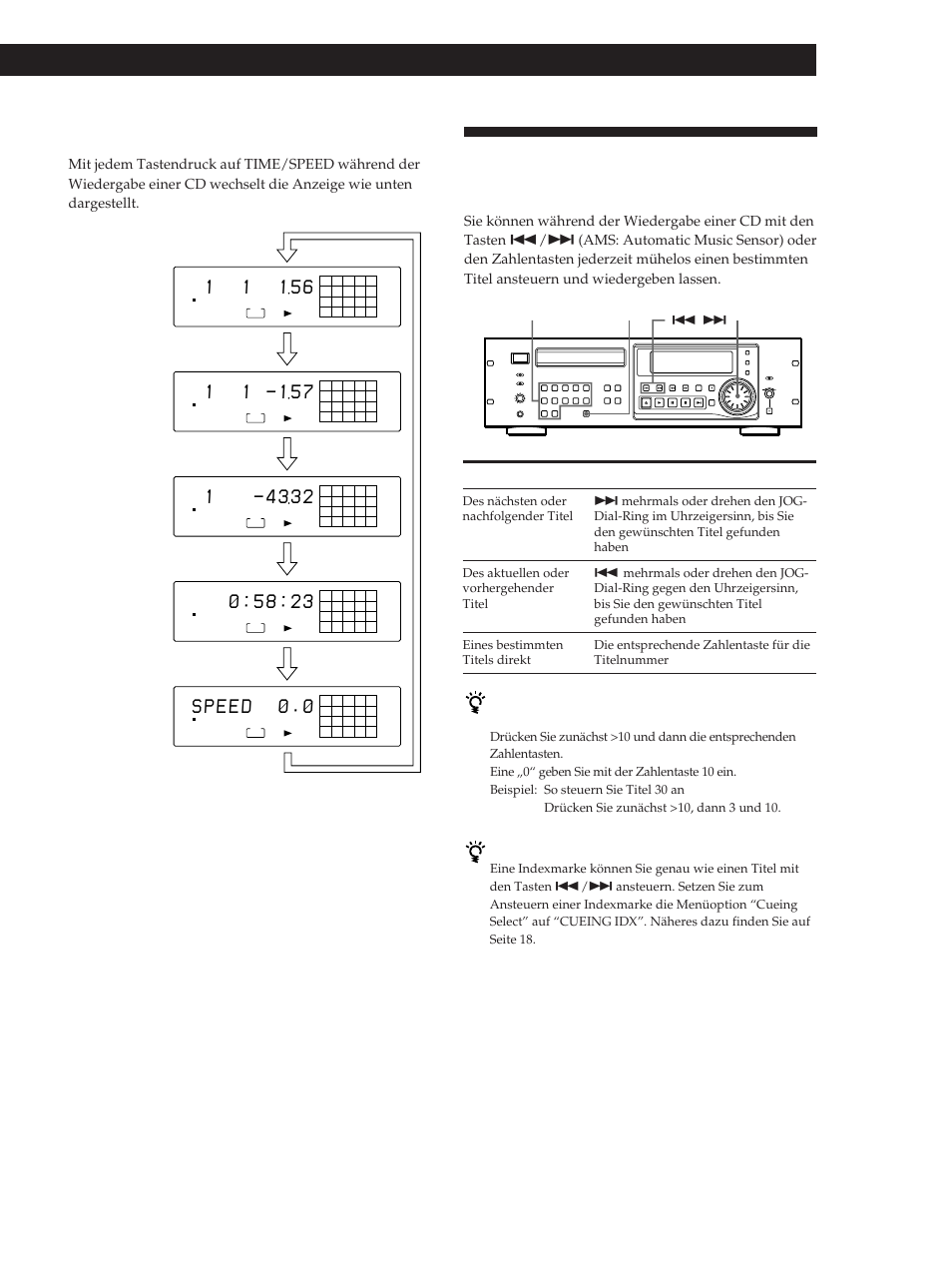 Ansteuern eines bestimmten titels, Playing cds, Wiedergeben von cds | Ändern der anzeigeinformationen, Zum ansteuern, Drücken sie, So können sie eine indexmarke ansteuern | Sony CDP-D500 User Manual | Page 53 / 68