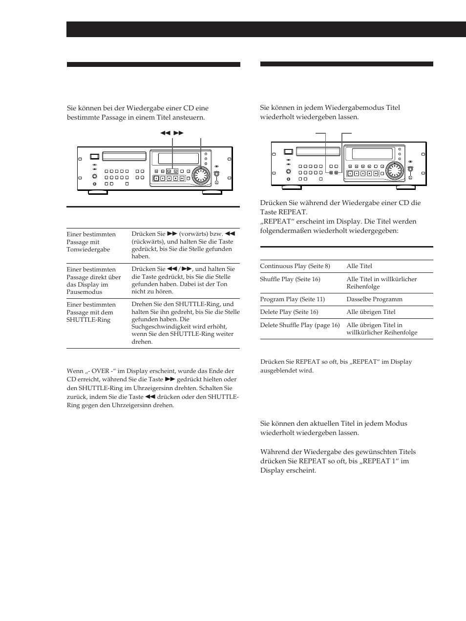 Ansteuern einer bestimmten passage in einem titel, Wiederholtes wiedergeben von titeln, Wiedergeben von cds | Wiederholtes wiedergeben des aktuellen titels | Sony CDP-D500 User Manual | Page 54 / 68