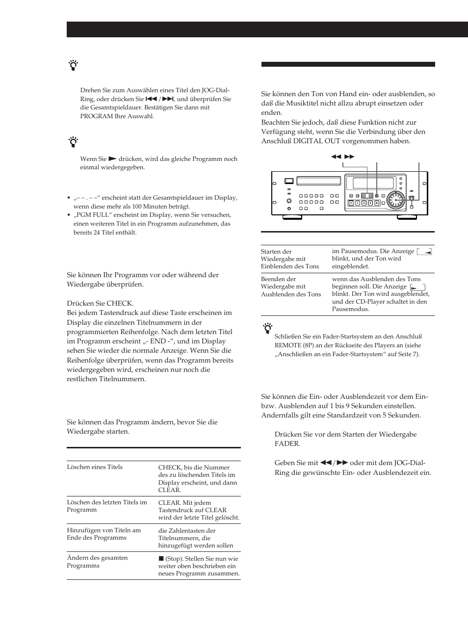 Ein- oder ausblenden, Wiedergeben von cds, Anzeigen der titelreihenfolge | Ändern der titelreihenfolge, Ändern der ein- oder ausblendezeit | Sony CDP-D500 User Manual | Page 56 / 68