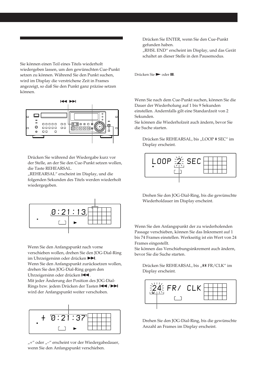 2 4 f r / c l k, Playing cds, Wiedergeben von cds | Ändern der wiederholzeit, Ändern des verschiebungsinkrements | Sony CDP-D500 User Manual | Page 57 / 68