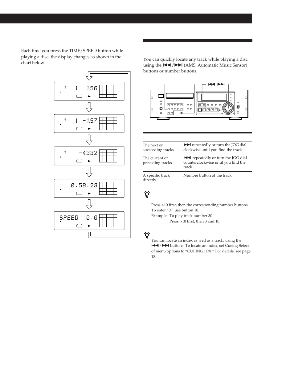 Locating a specific track, Playing cds, Changing the display information | Press, You can locate an index | Sony CDP-D500 User Manual | Page 9 / 68