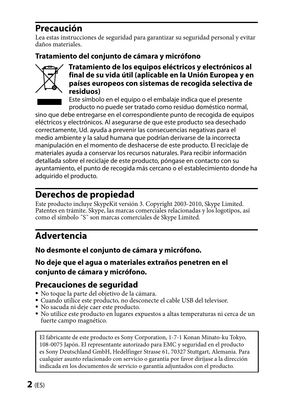 Precaución, Derechos de propiedad, Advertencia | Precauciones de seguridad | Sony CMU-BR100 User Manual | Page 10 / 88