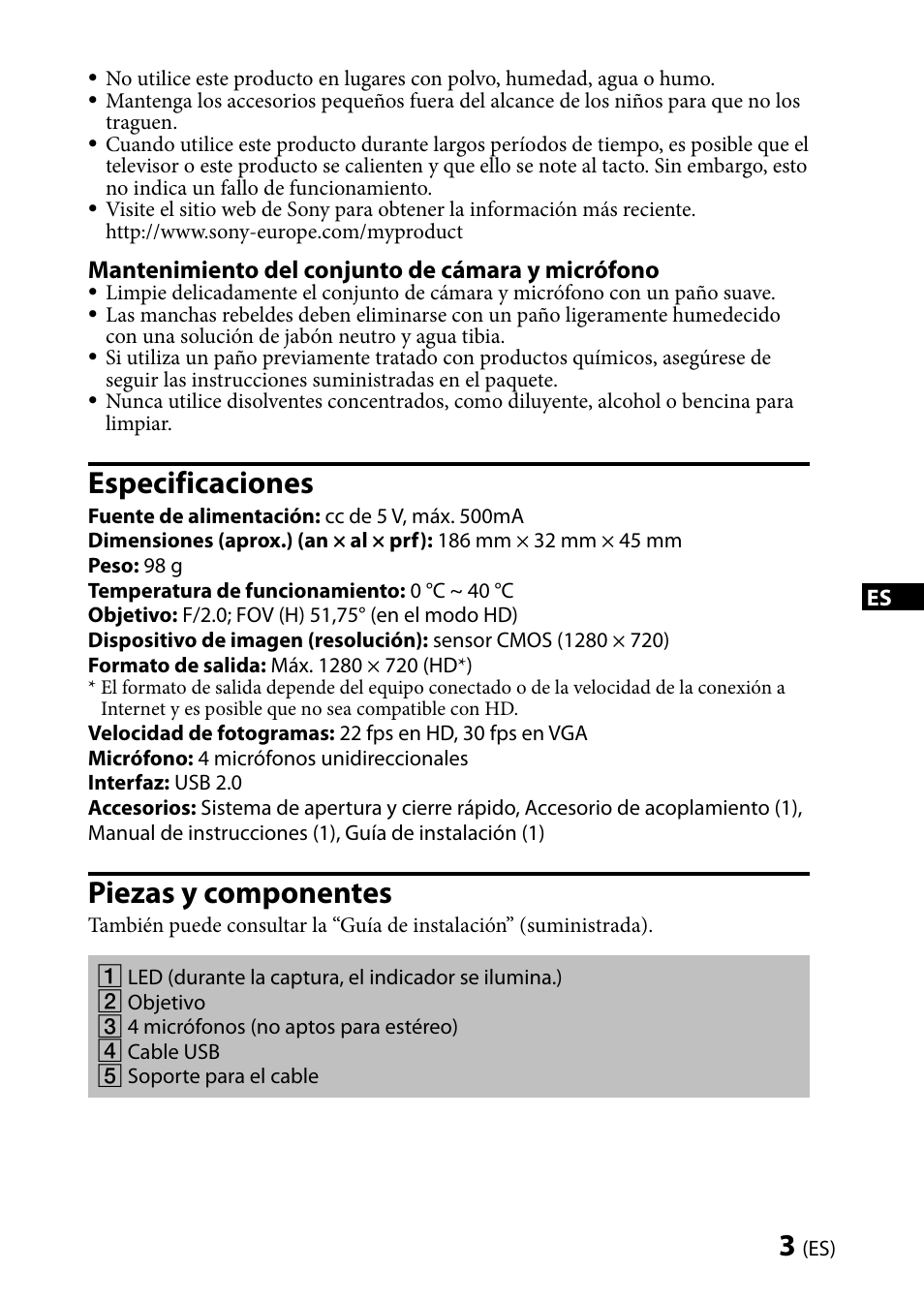 Especificaciones, Piezas y componentes | Sony CMU-BR100 User Manual | Page 11 / 88