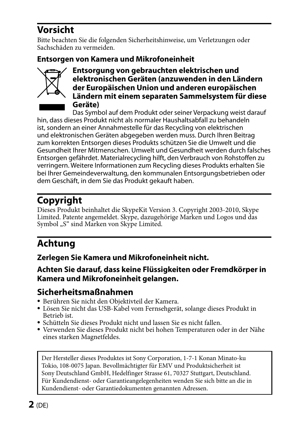 Vorsicht, Copyright, Achtung | Sicherheitsmaßnahmen | Sony CMU-BR100 User Manual | Page 14 / 88
