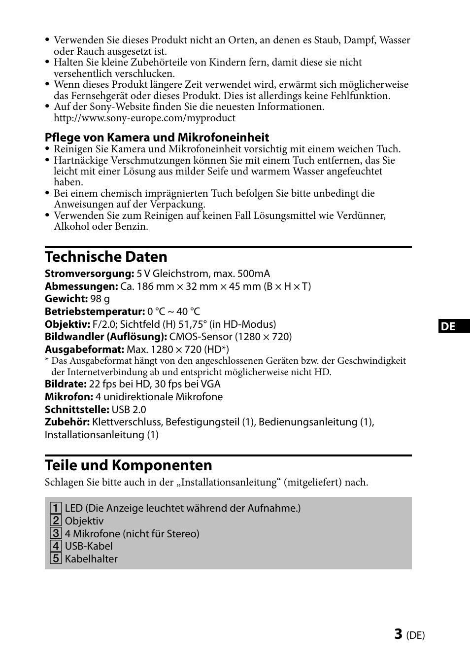 Technische daten, Teile und komponenten | Sony CMU-BR100 User Manual | Page 15 / 88