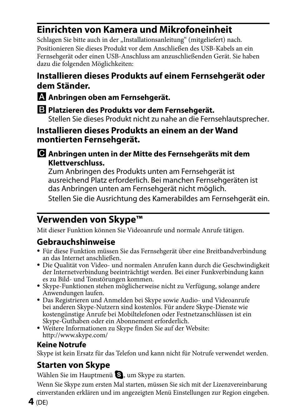 Einrichten von kamera und mikrofoneinheit, Verwenden von skype, Gebrauchshinweise | Starten von skype | Sony CMU-BR100 User Manual | Page 16 / 88