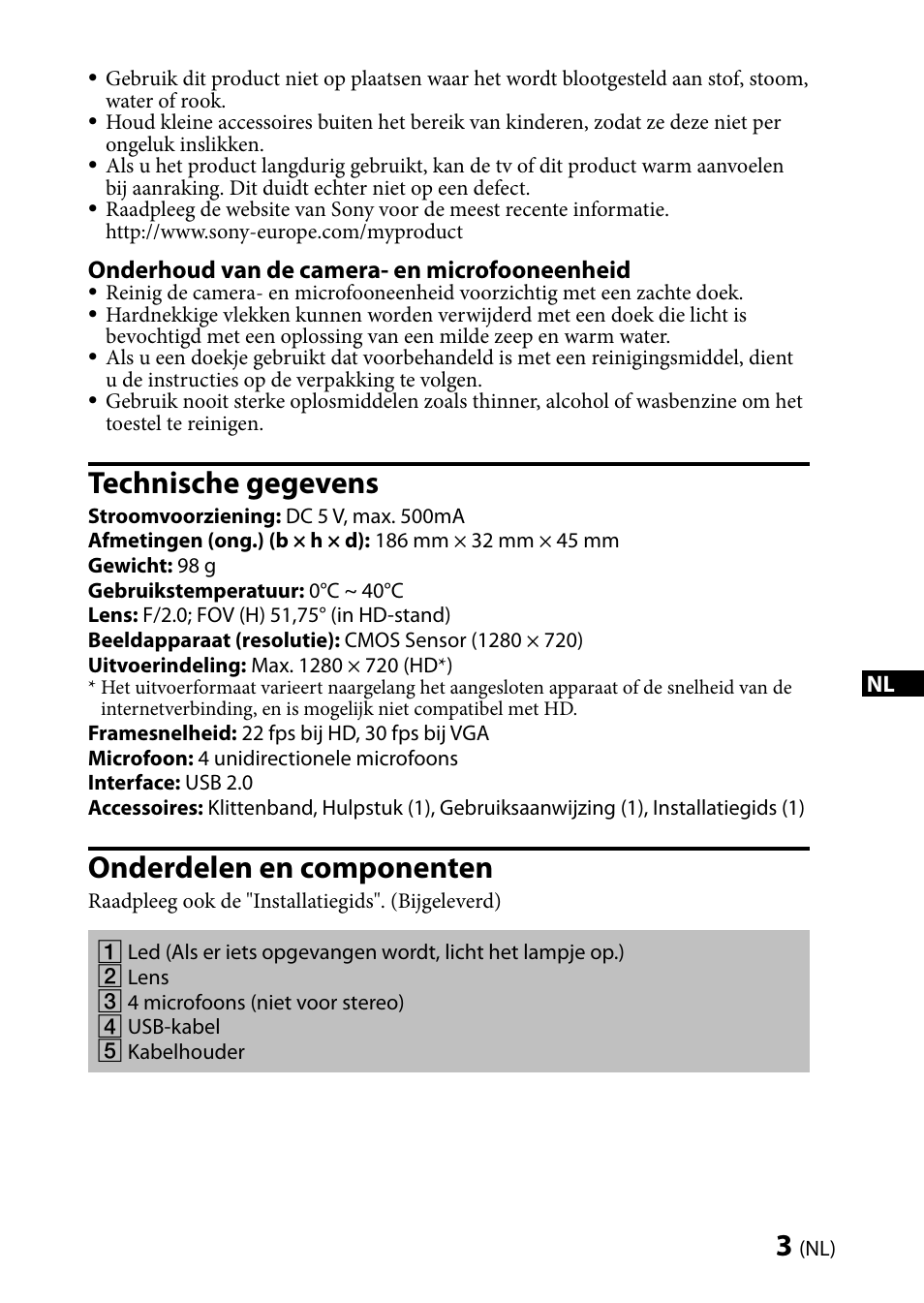 Technische gegevens, Onderdelen en componenten | Sony CMU-BR100 User Manual | Page 19 / 88