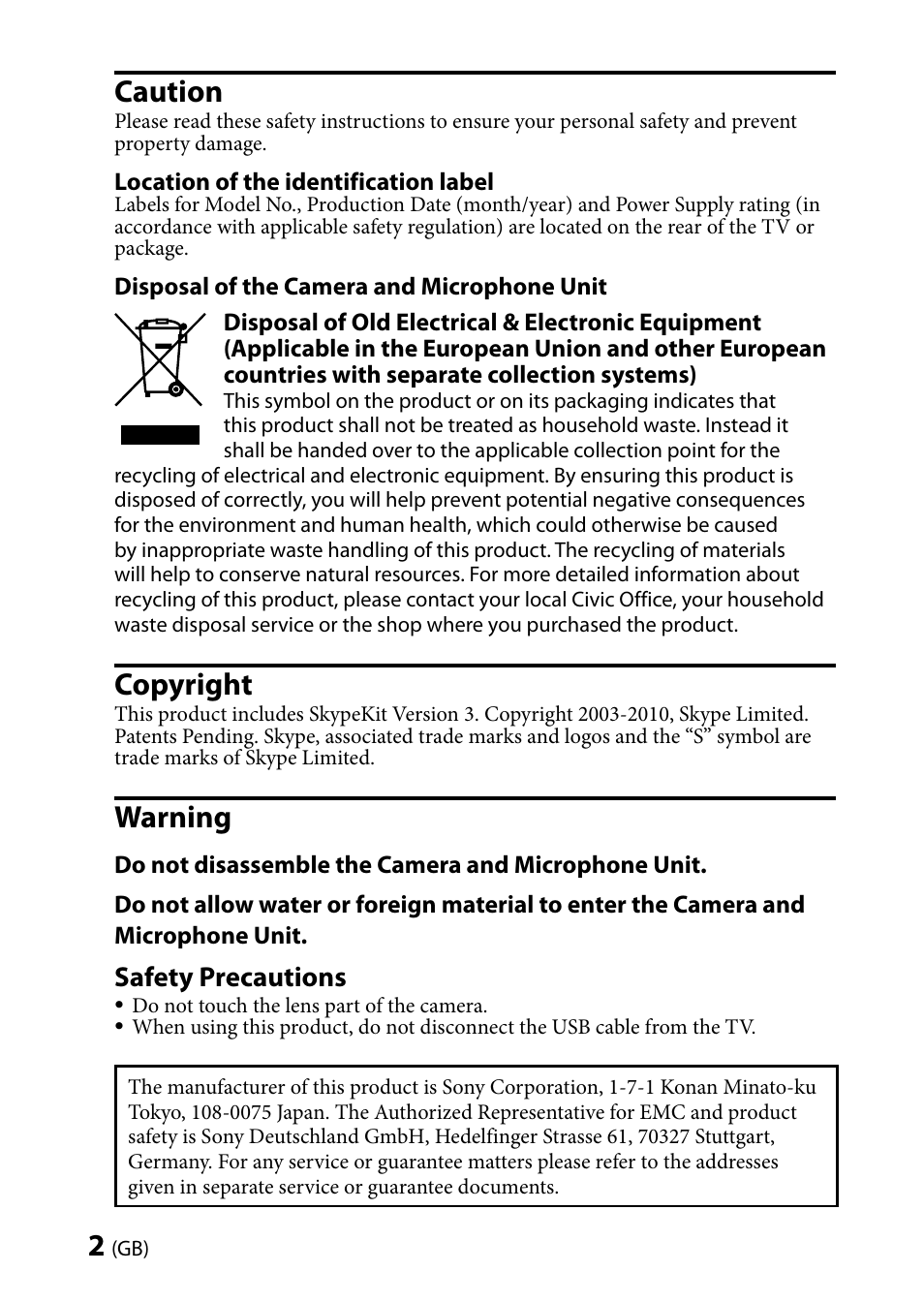 Caution, Copyright, Warning | Safety precautions | Sony CMU-BR100 User Manual | Page 2 / 88