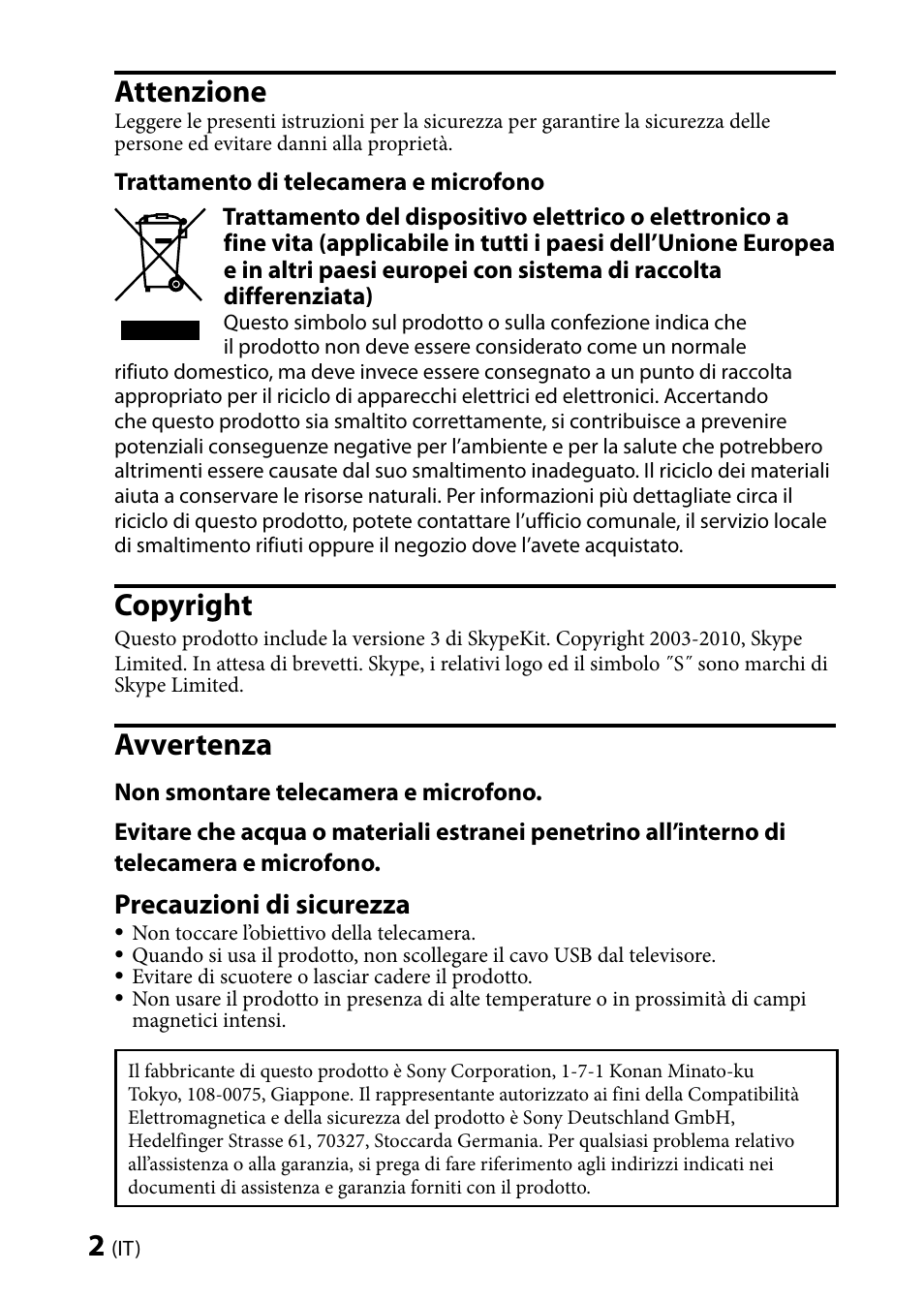 Attenzione, Copyright, Avvertenza | Precauzioni di sicurezza | Sony CMU-BR100 User Manual | Page 22 / 88