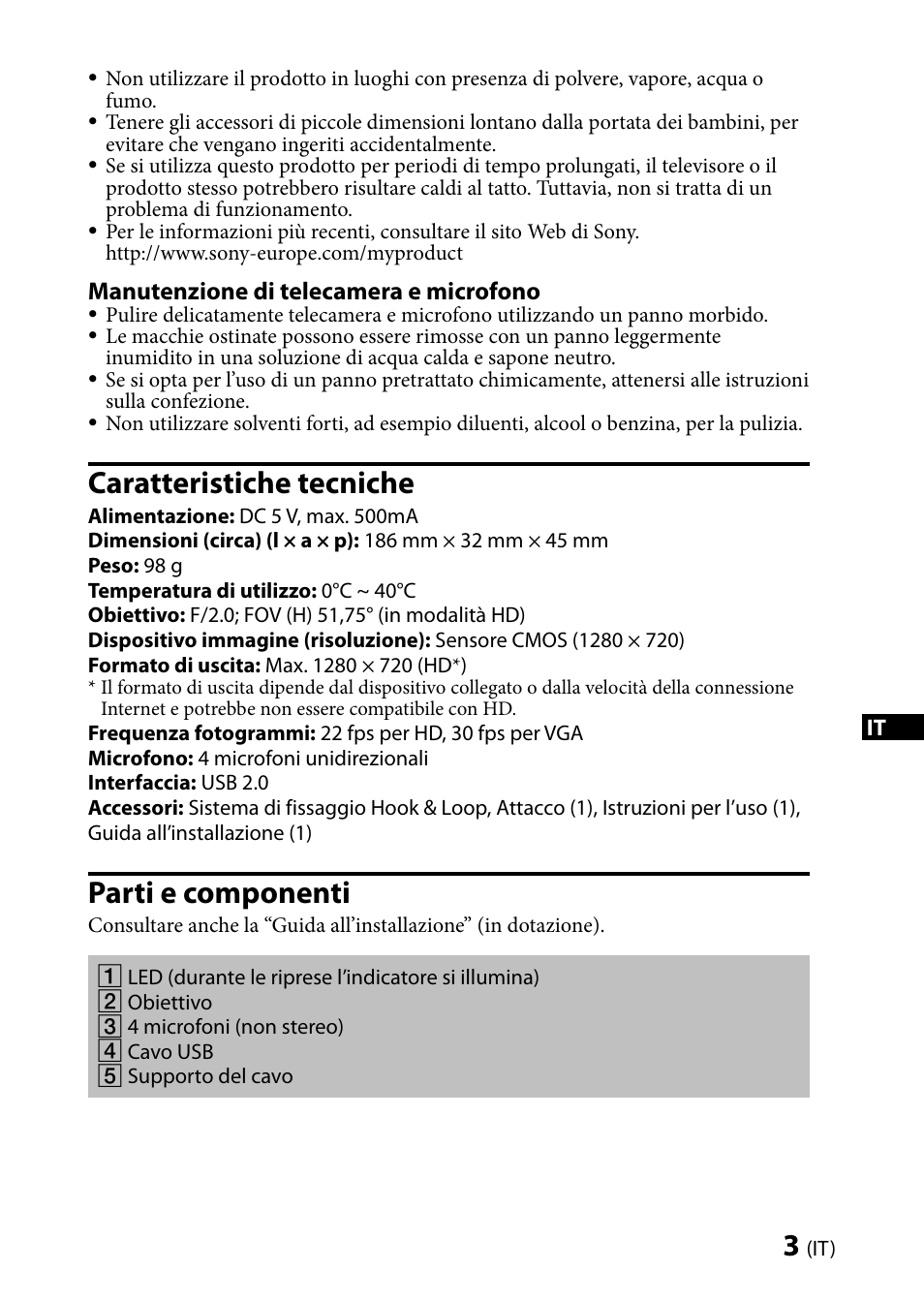 Caratteristiche tecniche, Parti e componenti | Sony CMU-BR100 User Manual | Page 23 / 88