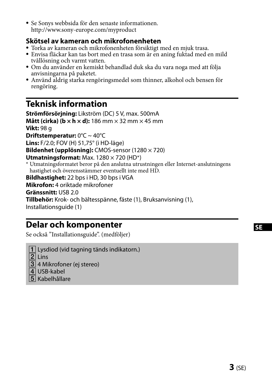 Teknisk information, Delar och komponenter | Sony CMU-BR100 User Manual | Page 27 / 88