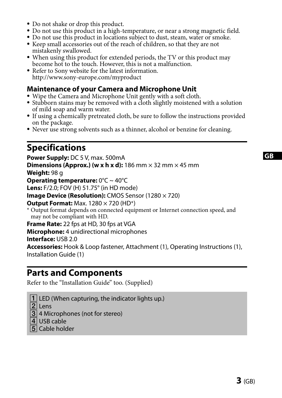 Specifications, Parts and components | Sony CMU-BR100 User Manual | Page 3 / 88