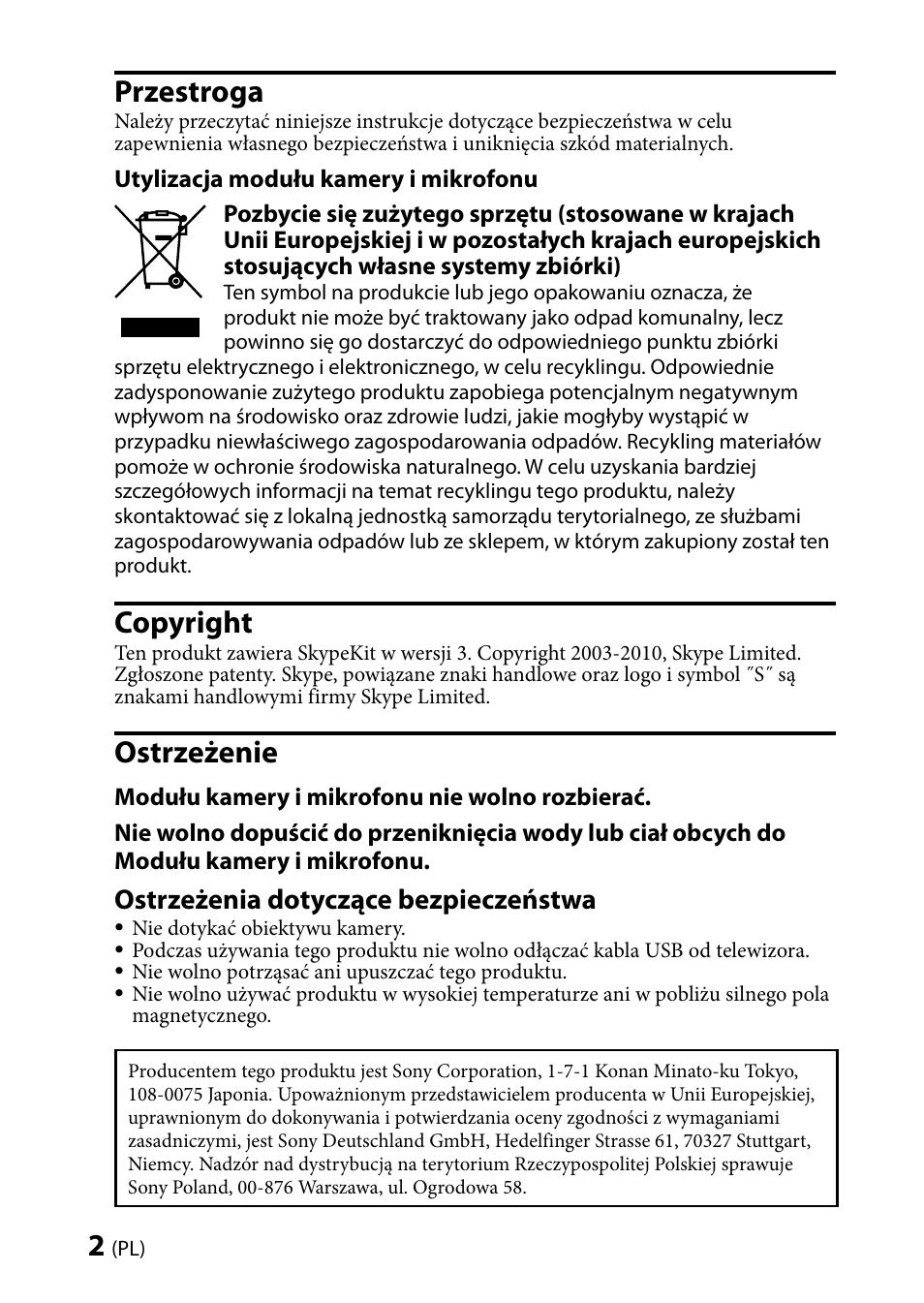 Przestroga, Copyright, Ostrzeżenie | Ostrzeżenia dotyczące bezpieczeństwa | Sony CMU-BR100 User Manual | Page 30 / 88