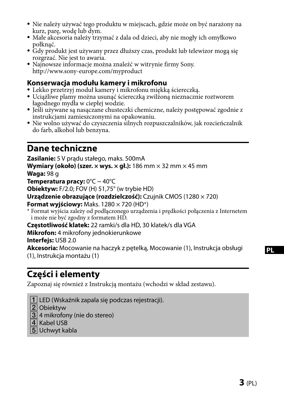 Dane techniczne, Części i elementy | Sony CMU-BR100 User Manual | Page 31 / 88