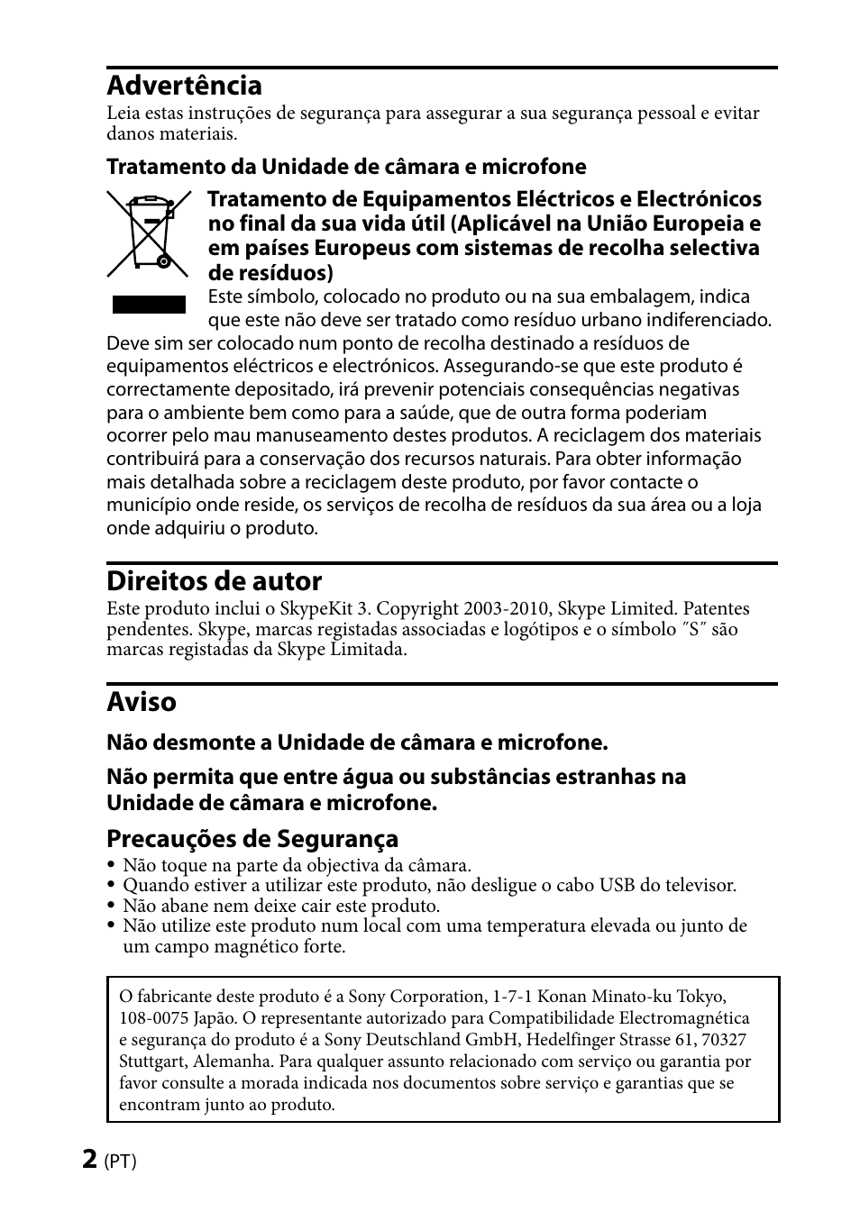Advertência, Direitos de autor, Aviso | Precauções de segurança | Sony CMU-BR100 User Manual | Page 34 / 88