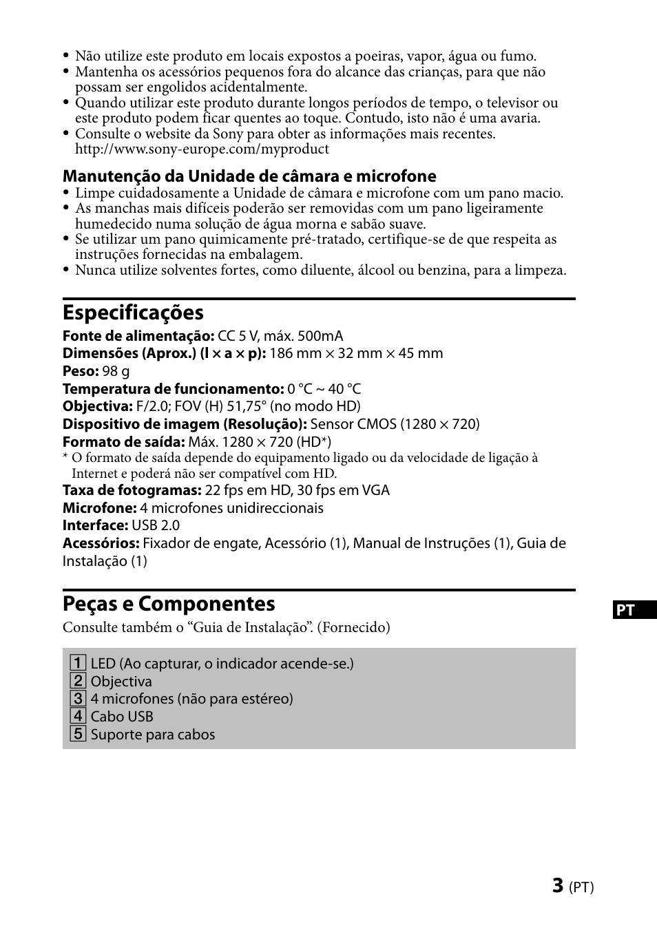 Especificações, Peças e componentes | Sony CMU-BR100 User Manual | Page 35 / 88
