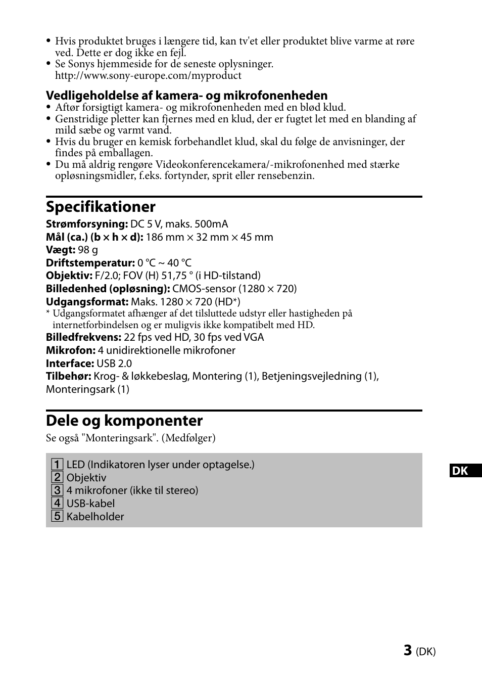 Specifikationer, Dele og komponenter | Sony CMU-BR100 User Manual | Page 39 / 88