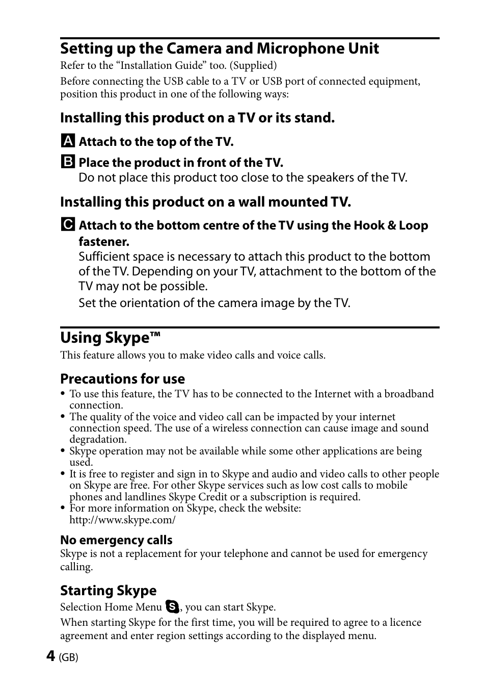 Setting up the camera and microphone unit, Using skype, Installing this product on a tv or its stand | Installing this product on a wall mounted tv, Precautions for use, Starting skype | Sony CMU-BR100 User Manual | Page 4 / 88