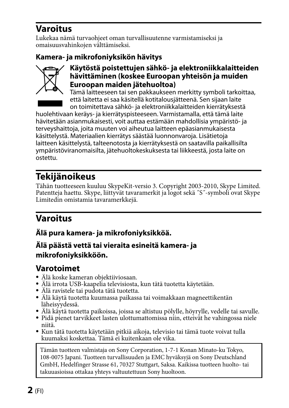 Varoitus, Tekijänoikeus, Varotoimet | Sony CMU-BR100 User Manual | Page 42 / 88