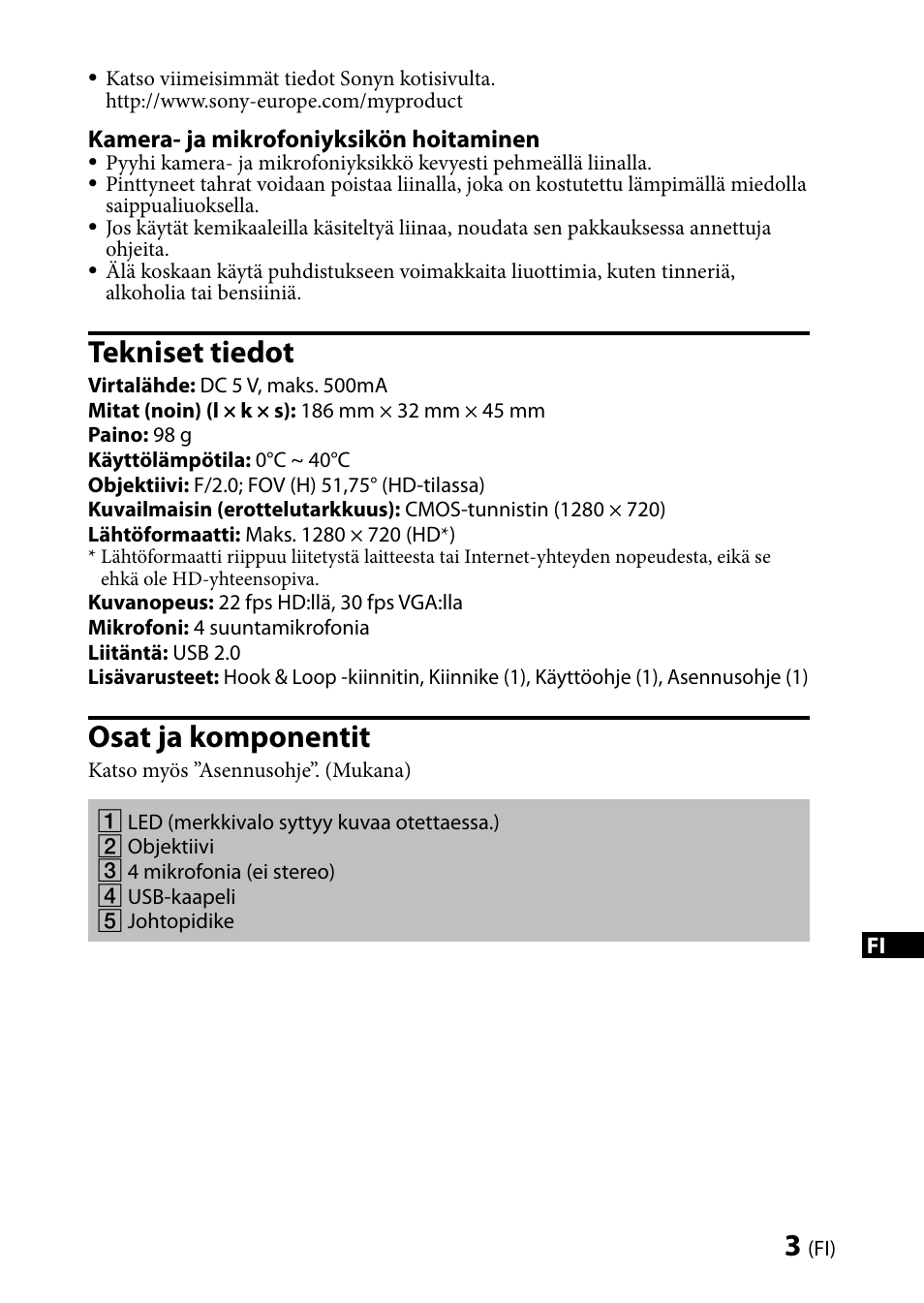 Tekniset tiedot, Osat ja komponentit | Sony CMU-BR100 User Manual | Page 43 / 88