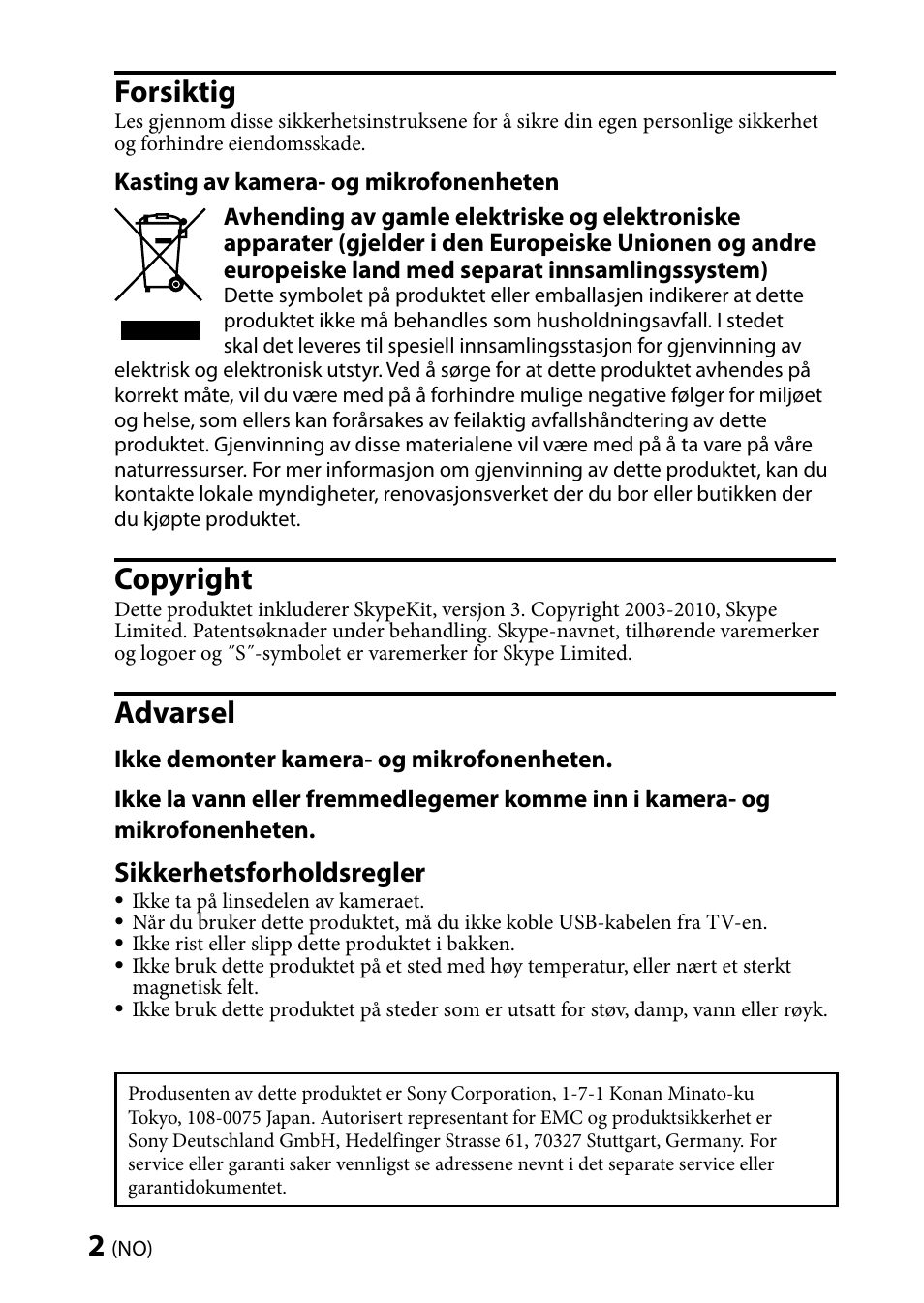 Forsiktig, Copyright, Advarsel | Sikkerhetsforholdsregler | Sony CMU-BR100 User Manual | Page 46 / 88