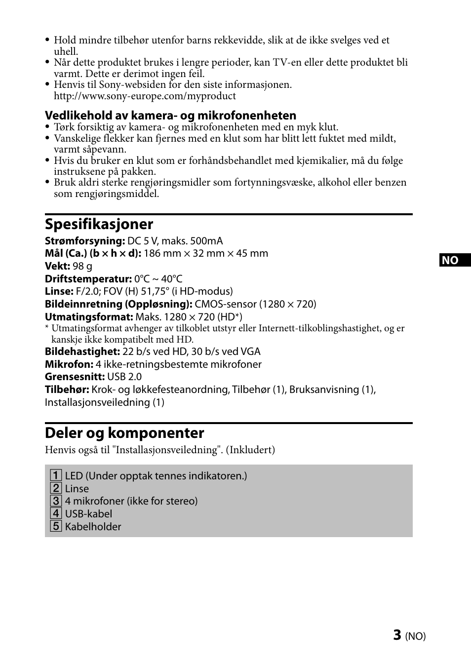 Spesifikasjoner, Deler og komponenter | Sony CMU-BR100 User Manual | Page 47 / 88