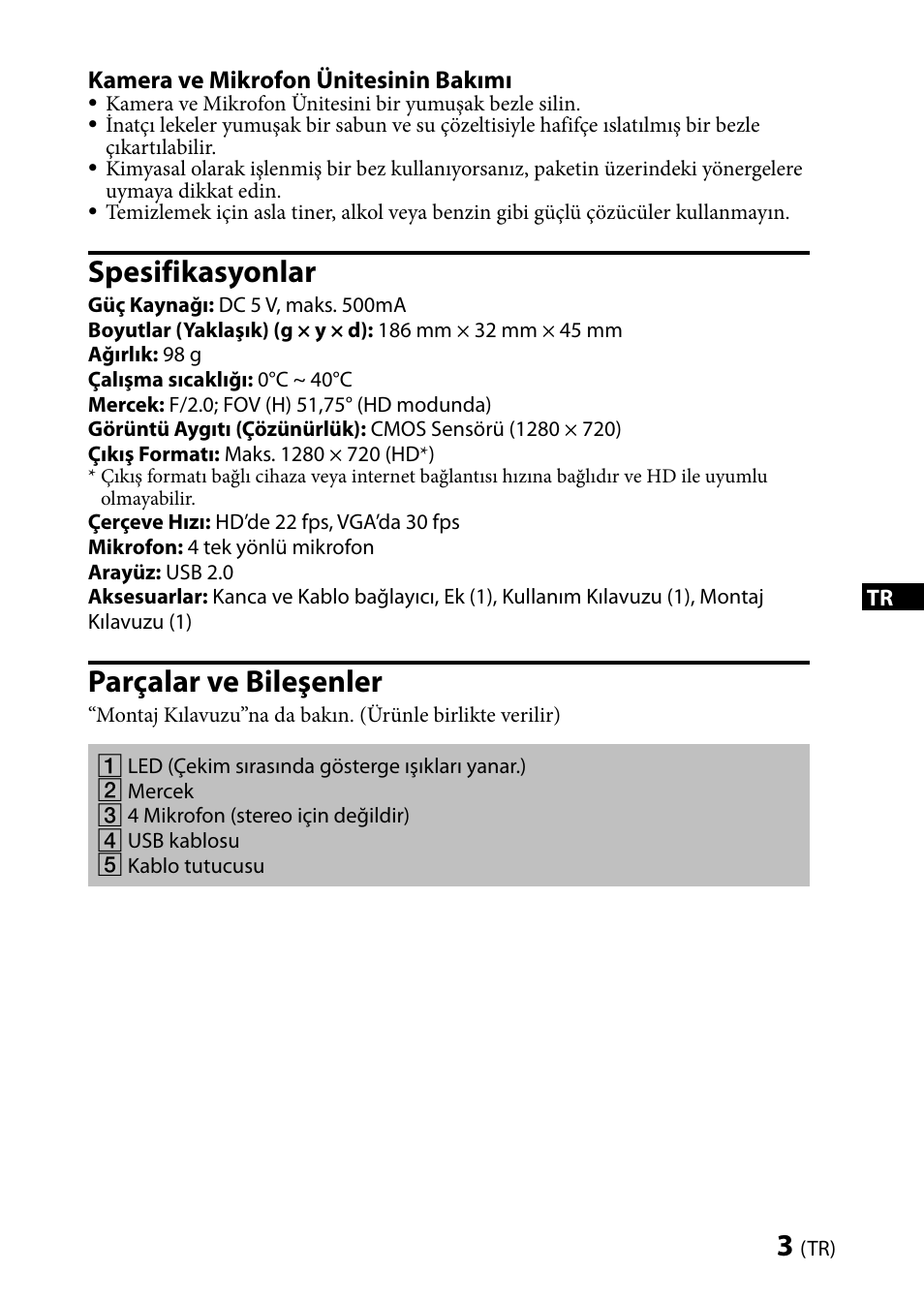 Spesifikasyonlar, Parçalar ve bileşenler | Sony CMU-BR100 User Manual | Page 55 / 88