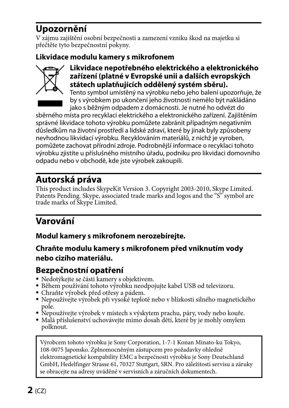 Upozornění, Autorská práva, Varování | Bezpečnostní opatření | Sony CMU-BR100 User Manual | Page 62 / 88