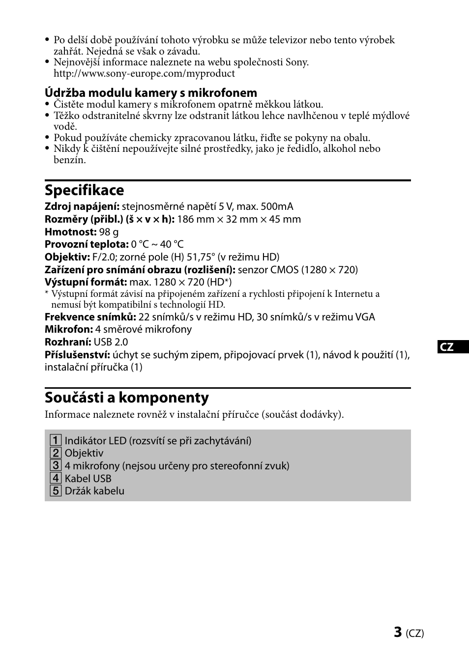 Specifikace, Součásti a komponenty | Sony CMU-BR100 User Manual | Page 63 / 88