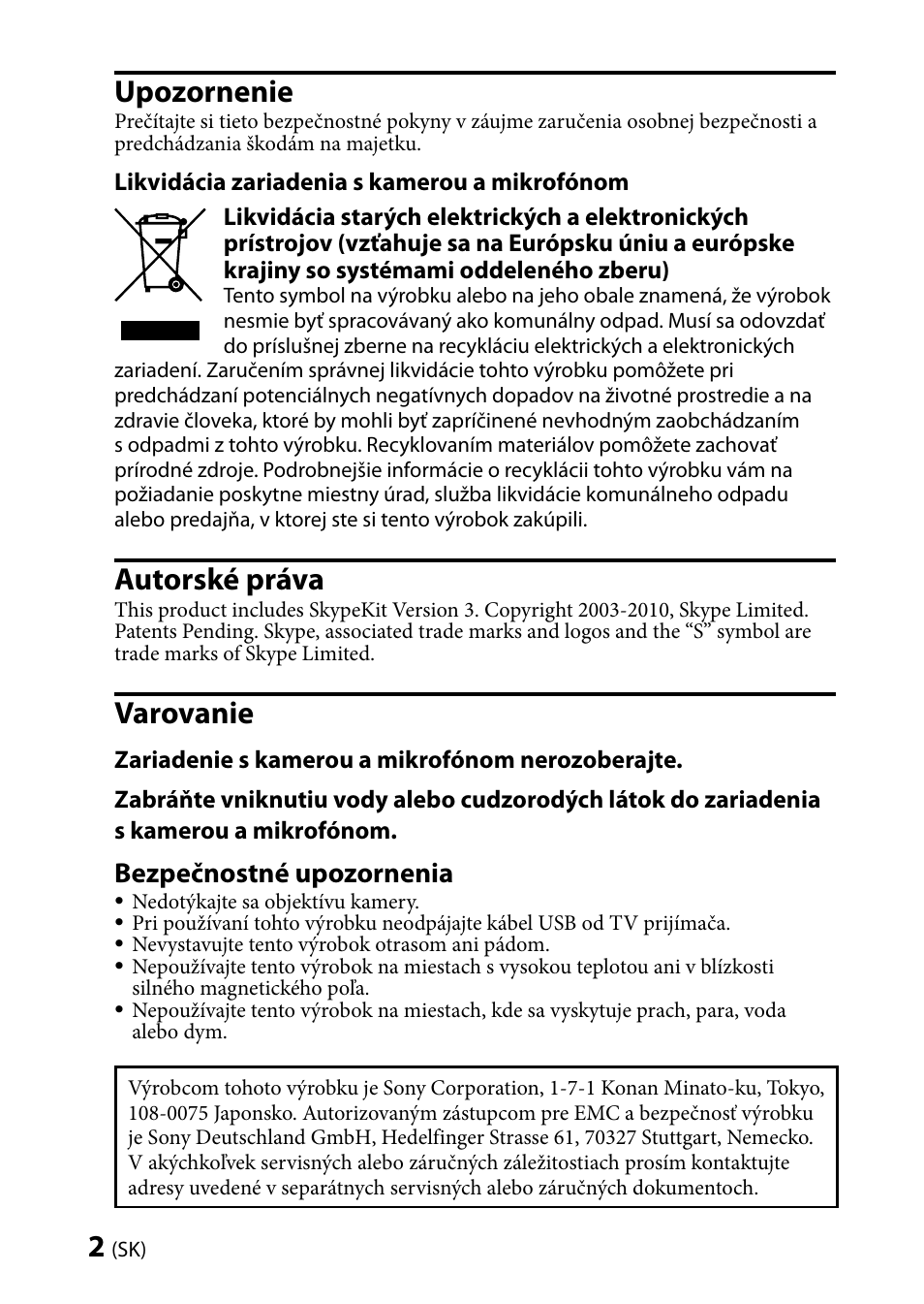 Upozornenie, Autorské práva, Varovanie | Bezpečnostné upozornenia | Sony CMU-BR100 User Manual | Page 66 / 88