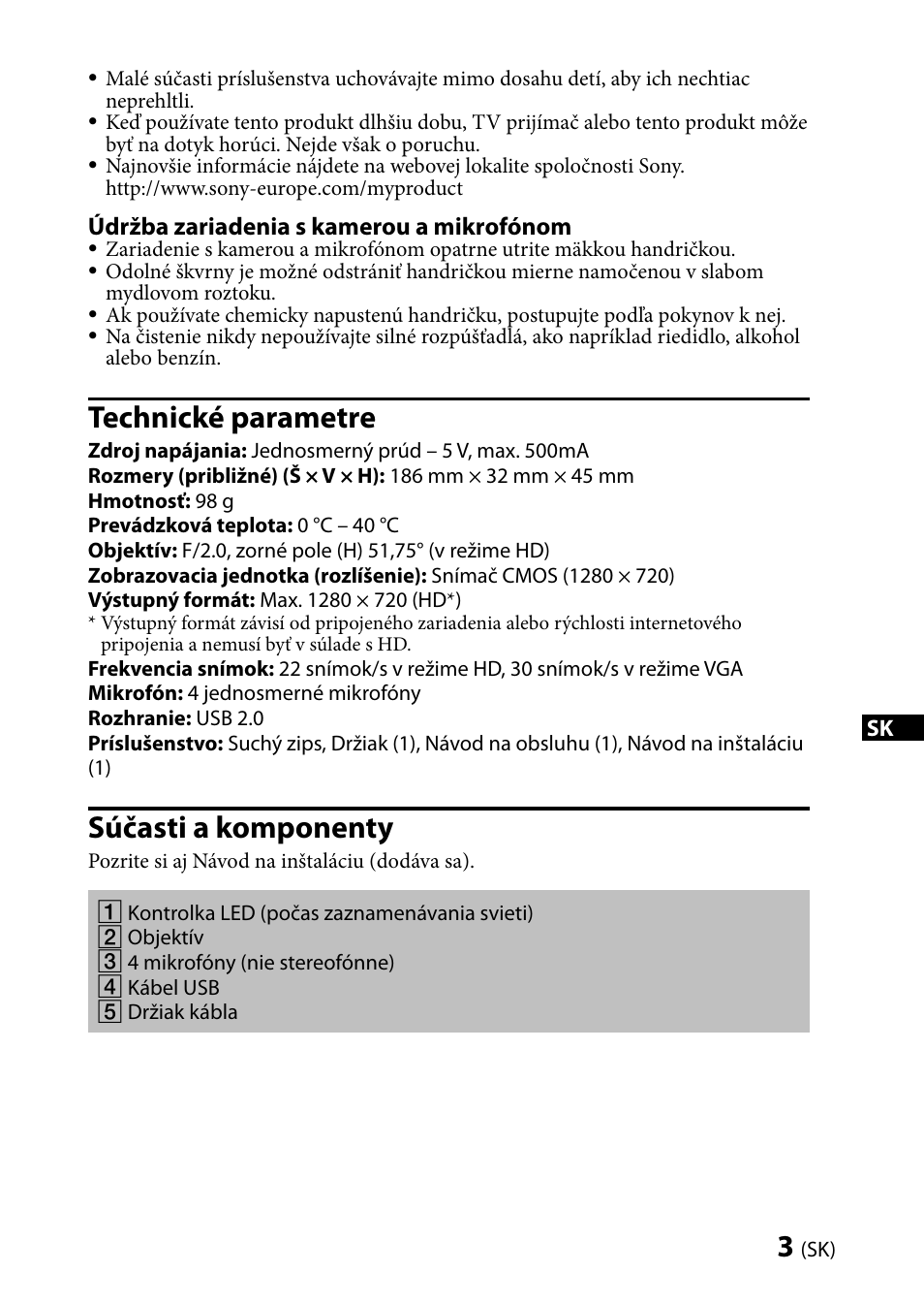 Technické parametre, Súčasti a komponenty | Sony CMU-BR100 User Manual | Page 67 / 88