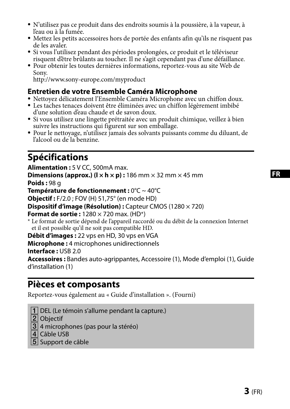 Spécifications, Pièces et composants | Sony CMU-BR100 User Manual | Page 7 / 88
