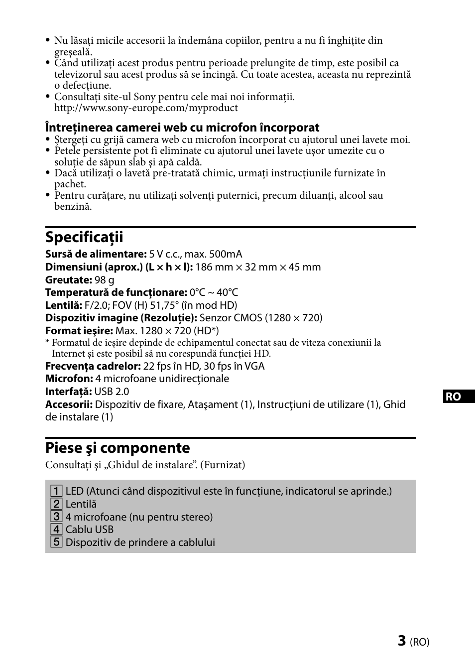 Specificaţii, Piese şi componente | Sony CMU-BR100 User Manual | Page 71 / 88