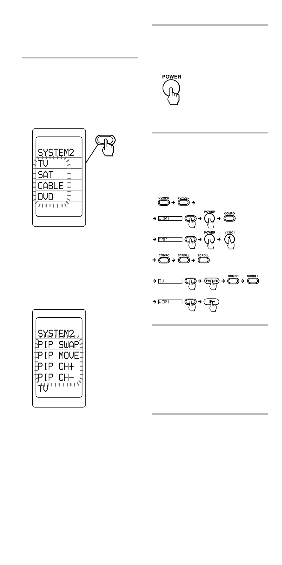 System2 pip swap pip move pip ch+ pip ch- tv, System2 tv sat cable dvd | Sony RM-VL1000 User Manual | Page 36 / 84