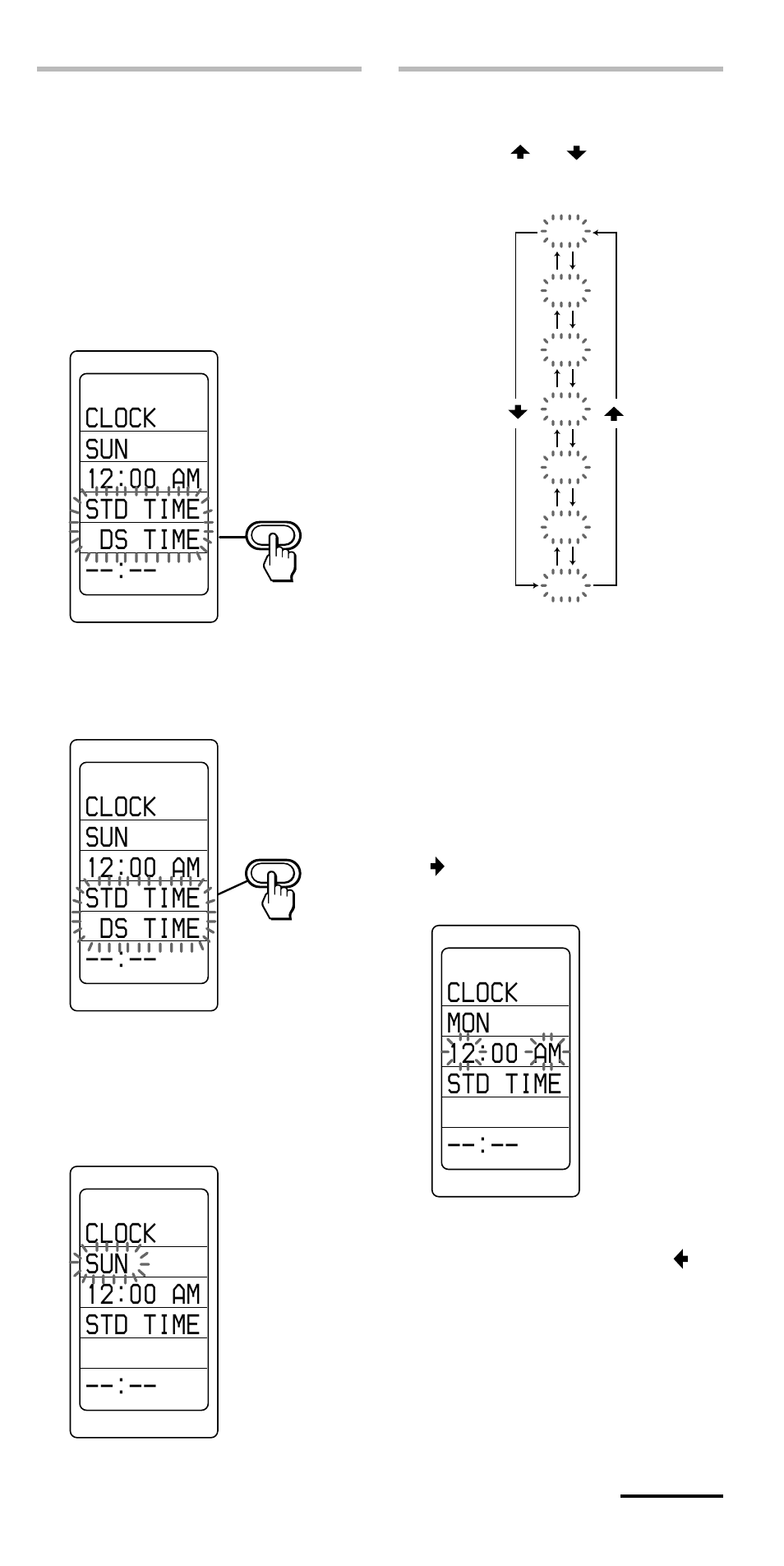 Clock sun 12:00 am std time ds time, Clock sun 12:00 am std time, Clock mon 12:00 am std time | Sony RM-VL1000 User Manual | Page 9 / 84
