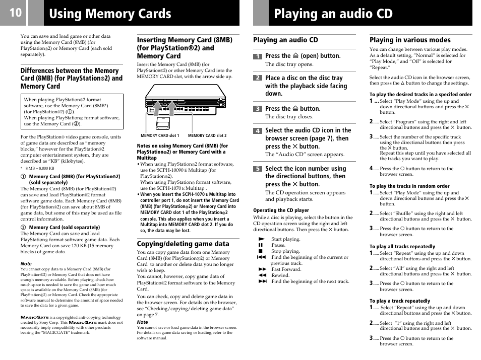 Playing an audio cd, Copying/deleting game data, Playing in various modes | Press the a (open) button | Sony PS2 User Manual | Page 10 / 84