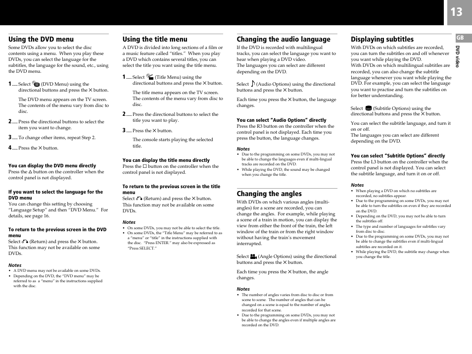 Changing the audio language, Changing the angles, Displaying subtitles | Using the dvd menu, Using the title menu | Sony PS2 User Manual | Page 13 / 84