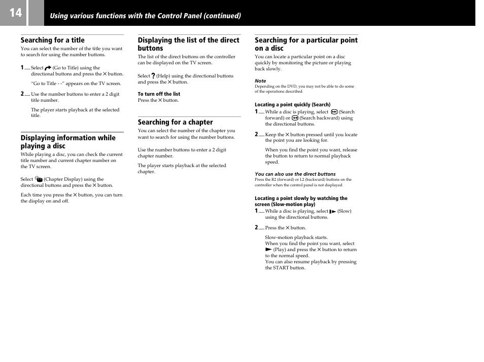 Searching for a title, Displaying information while playing a disc, Displaying the list of the direct buttons | Searching for a chapter, Searching for a particular point on a disc | Sony PS2 User Manual | Page 14 / 84