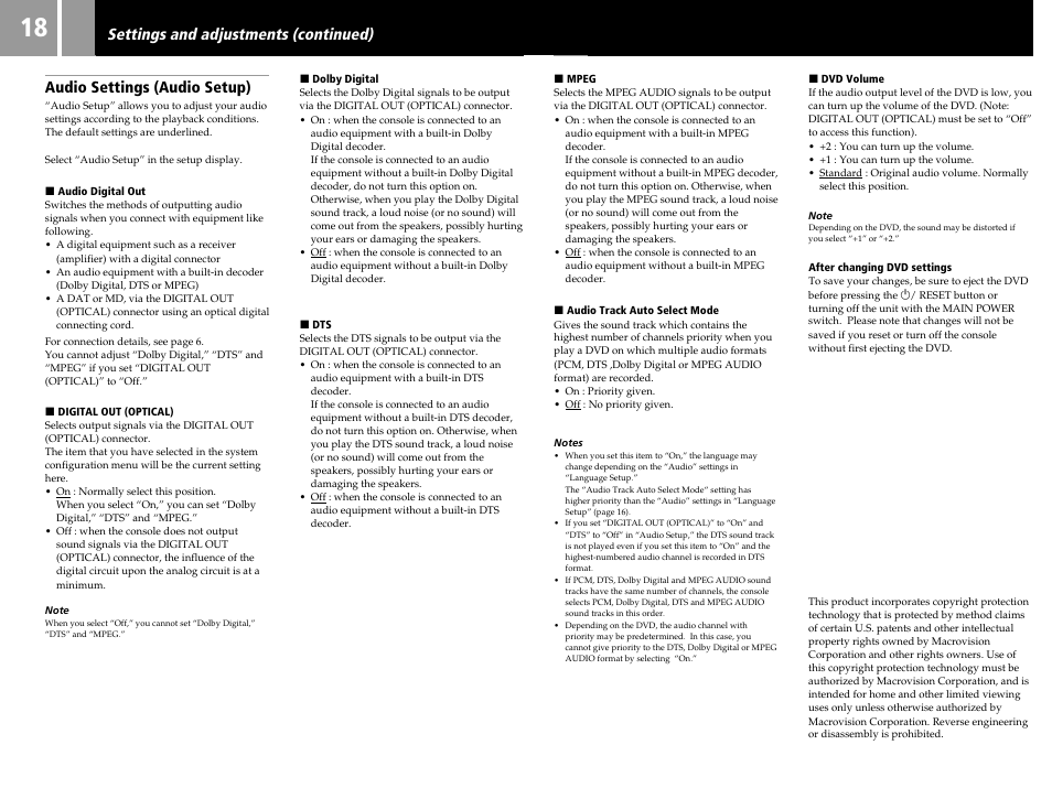 Audio settings (audio setup), Settings and adjustments (continued) | Sony PS2 User Manual | Page 18 / 84