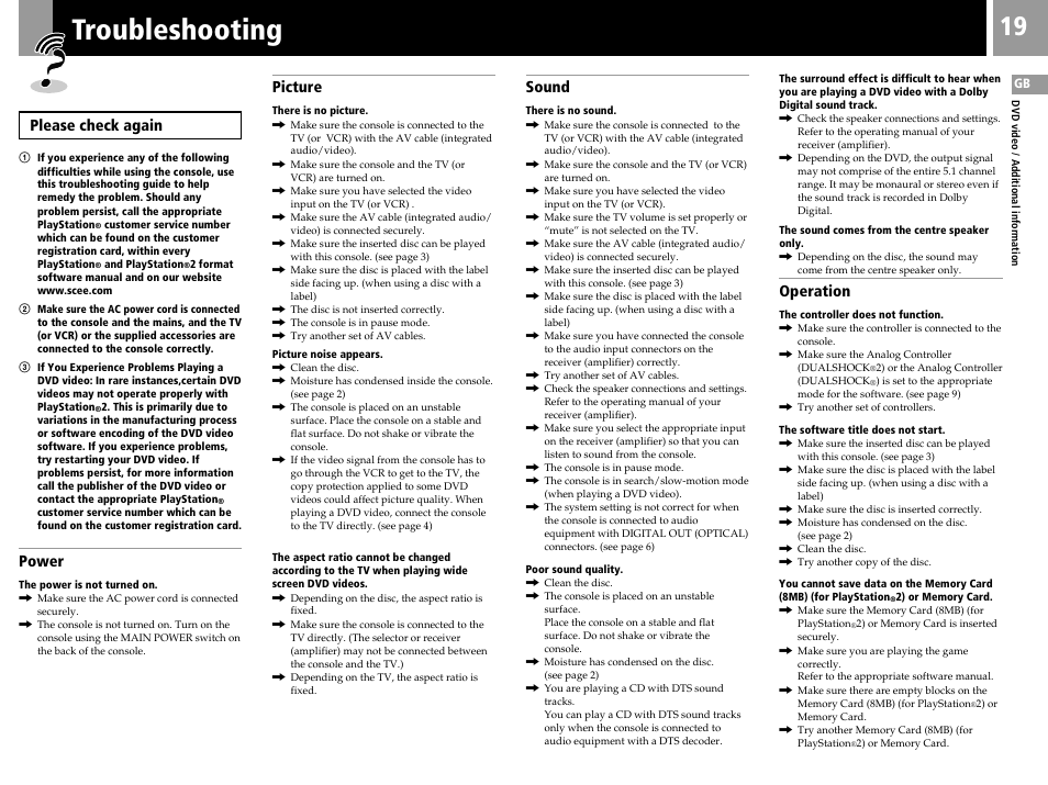 Troubleshooting, Please check again, Power | Picture, Sound, Operation | Sony PS2 User Manual | Page 19 / 84