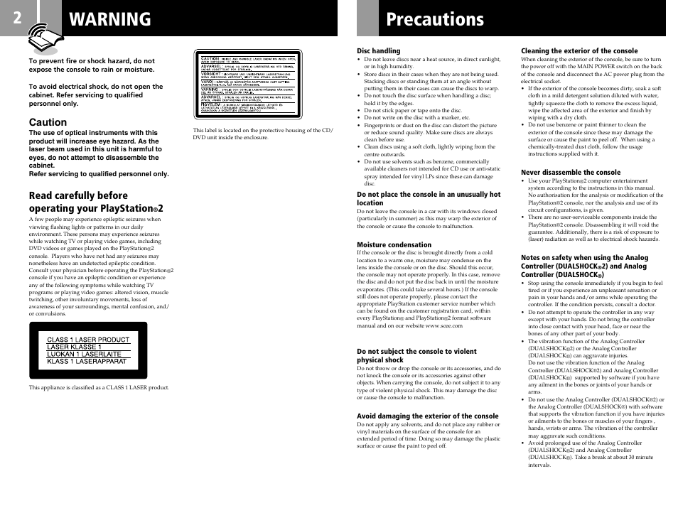 Warning, Precautions, Caution | Read carefully before operating your playstation | Sony PS2 User Manual | Page 2 / 84