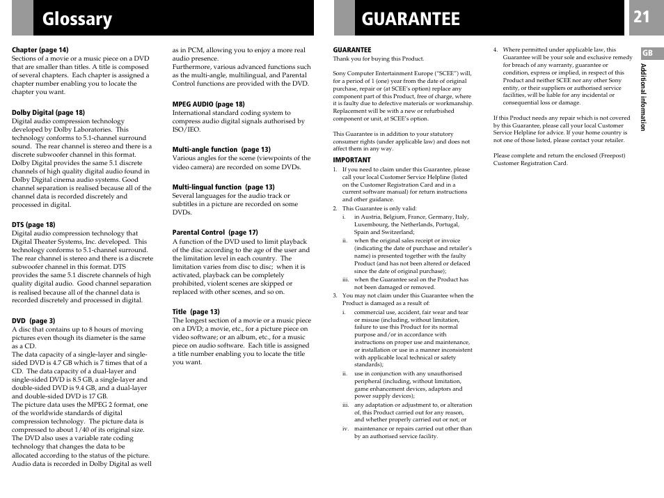 Glossary, Guarantee | Sony PS2 User Manual | Page 21 / 84