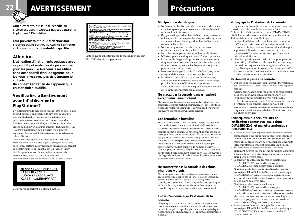 Avertissement précautions, Attention | Sony PS2 User Manual | Page 22 / 84