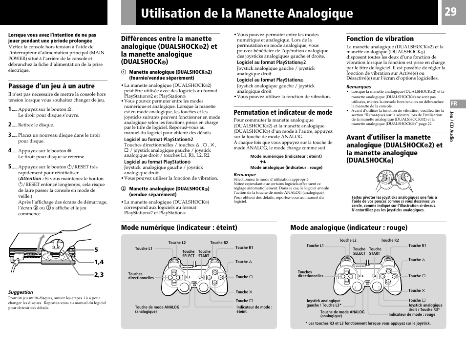 Utilisation de la manette analogique, Passage d’un jeu à un autre, Différences entre la manette analogique (dualshock | 2) et la manette analogique (dualshock, Permutation et indicateur de mode, Fonction de vibration, Avant d’utiliser la manette analogique (dualshock | Sony PS2 User Manual | Page 29 / 84