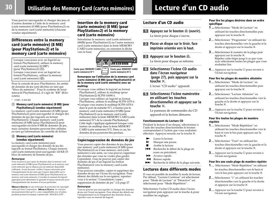 Lecture d’un cd audio, Lectures dans différents modes, Appuyez sur le bouton a (ouvrir) | Sony PS2 User Manual | Page 30 / 84